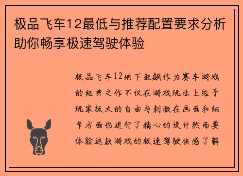 极品飞车12最低与推荐配置要求分析助你畅享极速驾驶体验